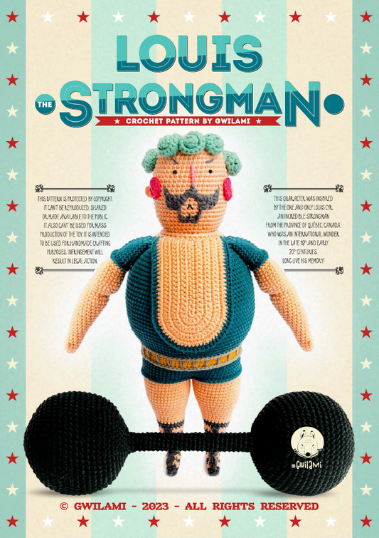 Cover of the crochet pattern booklet for 'Louis the Traditional Strongman' showing the title character and a black and white patterned background with stars.